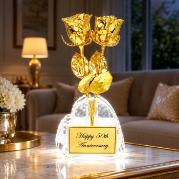 Two 8" 24k Roses in Heart Vase: 50th Anniversary Gift